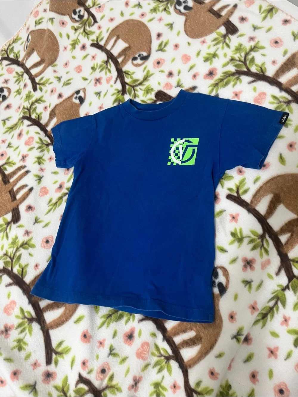 Vans Blue Short Sleeve Tee with Neon Green Logo - Kids - Boys 3T